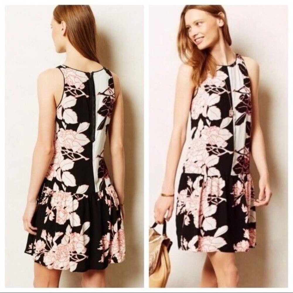 Anthropologie Maeve Photoflora Black Pink Drop Waist Dress Floral Pockets Size 4